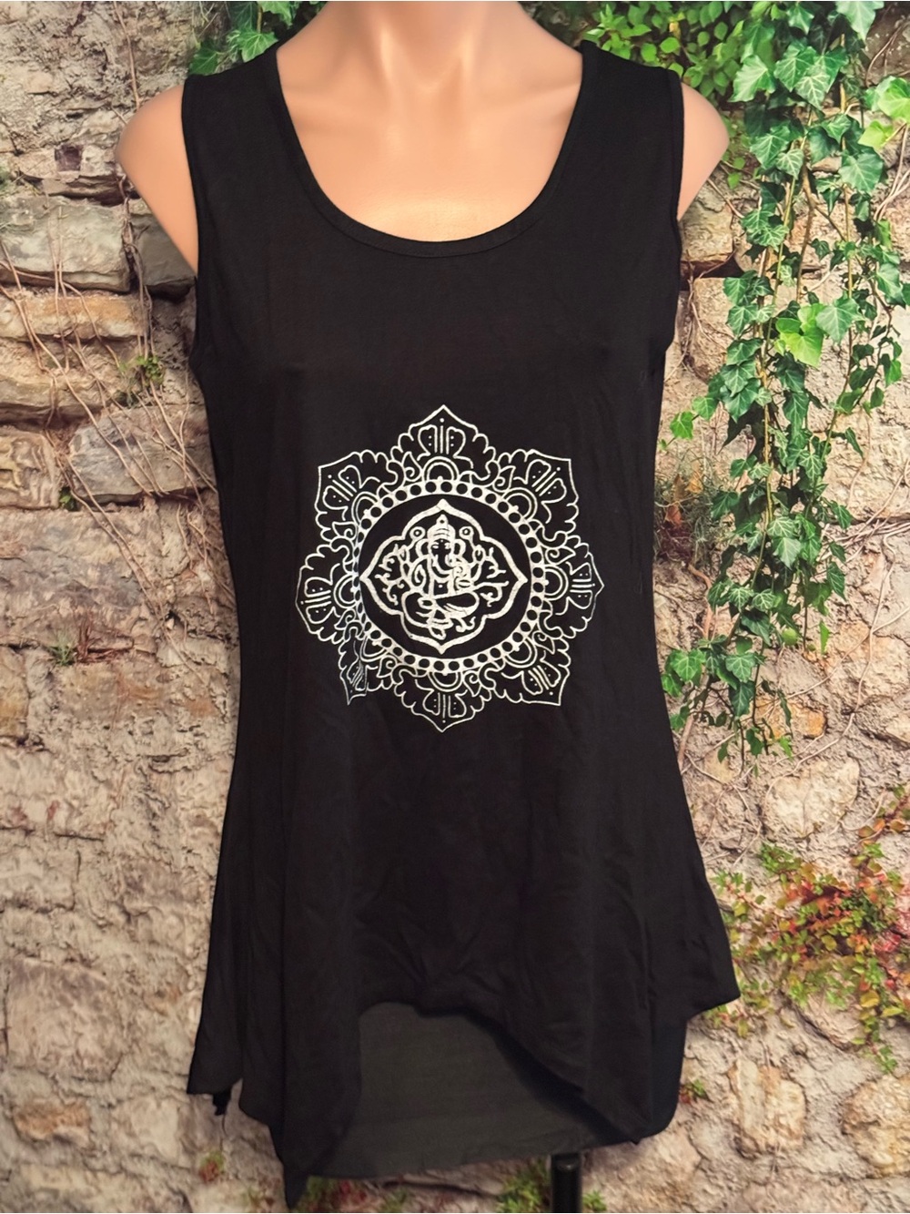 Women’s Black Sleeveless Handkerchief Hem Tank with White Ganesha Mandala Print